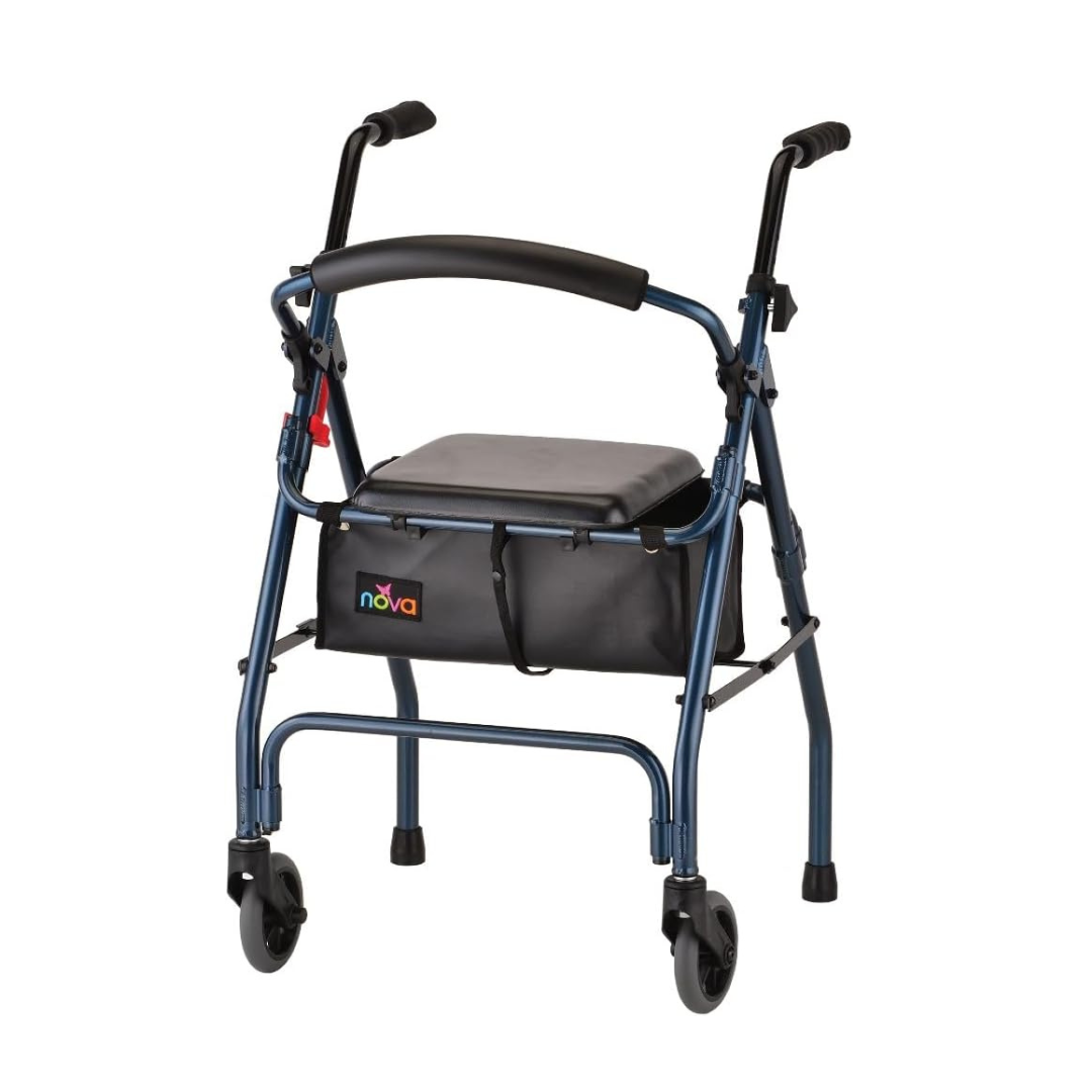 The Nova Cruiser 2 Lightweight Walker with Seat is shown on a white background. This four-wheeled walker features a blue frame, cushioned seat, black handles, and a storage pouch beneath the seat.